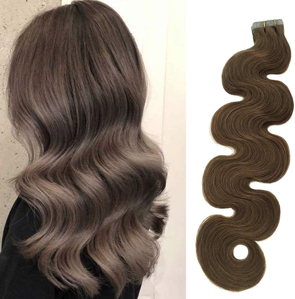 Body Wavy Tape in Extensions Ash Brown Hair Seamless Skin Weft Tape in Remy Hair Extensions Wavy Glue in Extensions 18" 40g 20Pcs/Package