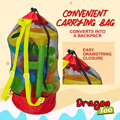 Dragon Too Kids Beach Toy Set -19 Piece Kit in Mesh Backpack Bag - Shovels, Scoops, Buckets, Waterfall, Shapes and More for Sand Castles, Water Play and Sand Boxes - Thumbnail 2