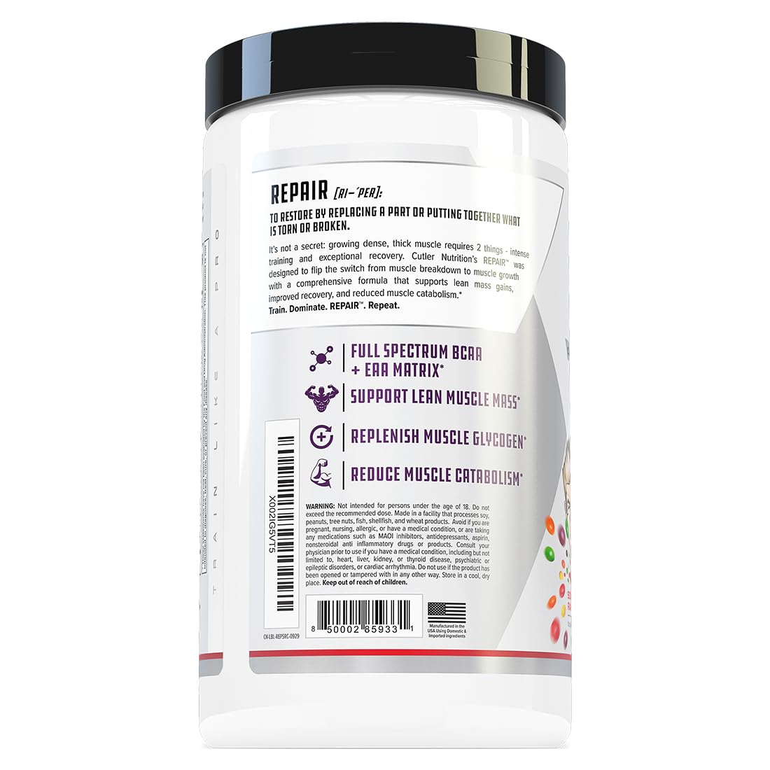 Repair Post Workout Recovery Drink: Fast Absorbing Carbohydrates (Waxy Maize + Cluster Dextrin) and BCAA/EAA for Advanced Muscle Recovery, Sour Rainbow Candy, 20 Servings