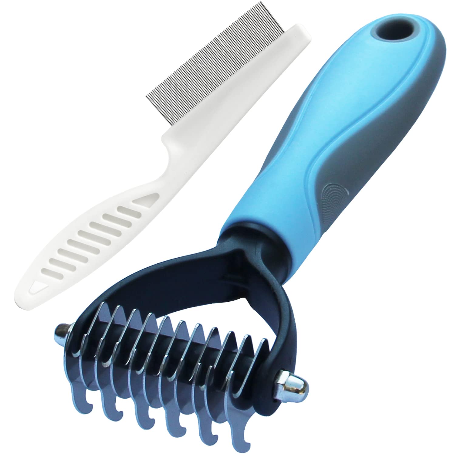 Flea Comb Set - Small, Blue - Double Sided Shedding & Dematting Undercoat Rake Comb for Dogs & Cats