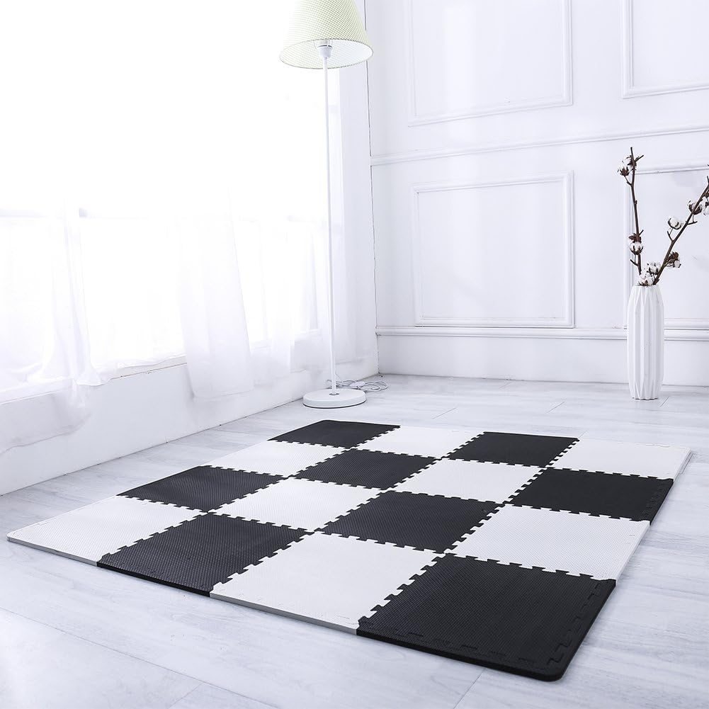 Superjare Interlocking Floor Tiles, 16 Tiles EVA Foam Puzzle Mat with Borders - White and Black: Toys & Games