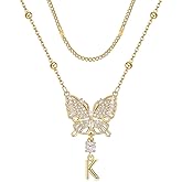 MEIITRUE Butterfly Initial Necklaces for Women 14K Gold Plated Dainty Layered Beaded Chain Necklace with Cubic Zirconia Butterfly Pendant Letter Charm Personalized Stackable Jewelry Gift for Her