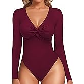 MANGOPOP Bodysuits for Women Deep V Neck Twist Knot Fitted Long Sleeve Bodysuit Basic Tops Casual T Shirts