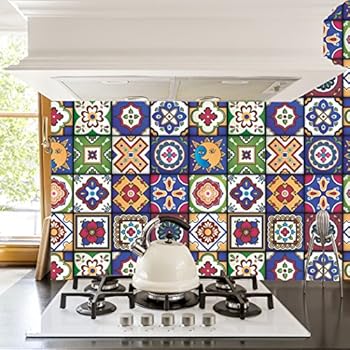RoyalWallSkins Mexican Tile Decals 4x4 Inch - Set of 16 - Self Adhesive Peel and Stick Tile Stickers for Backsplash Bathroom Kitchen Home Decor (Zacatecas TAD160403)