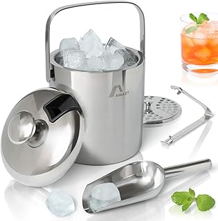 Amazy Edelstahl Eisbehälter mit Deckel inkl. Zange, Eisschaufel und Sieb – Doppelt isolierter Eiswürfelbehälter mit Tragegriff für optimal gekühlte Eiswürfel und Getränke (1,3 Liter)