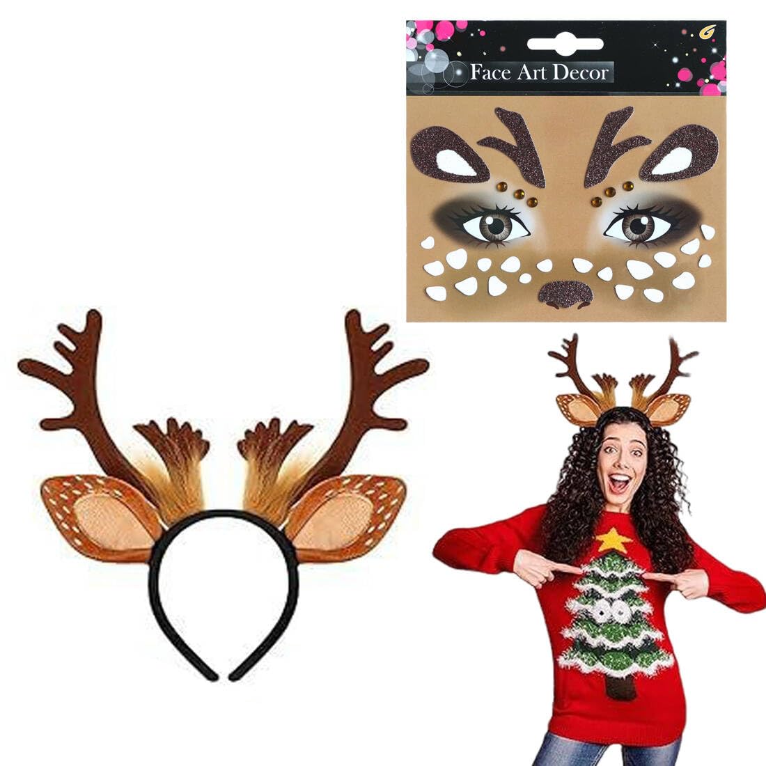DHKFXKT Reindeer Headband, Reindeer Headbands for Adults Kids, Deer Face Tattoo, Antler Headband, Women's Costume, Halloween, Carnival, Christmas, Elves Party for Christmas Favours