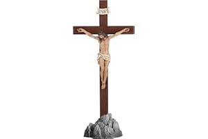 GRACE4JOY Crucifix Standing - Hand Painted Wooden Cross Table Decor, Standing Jesus Cross Catholic Home Decor Religious Gifts 15 Inch