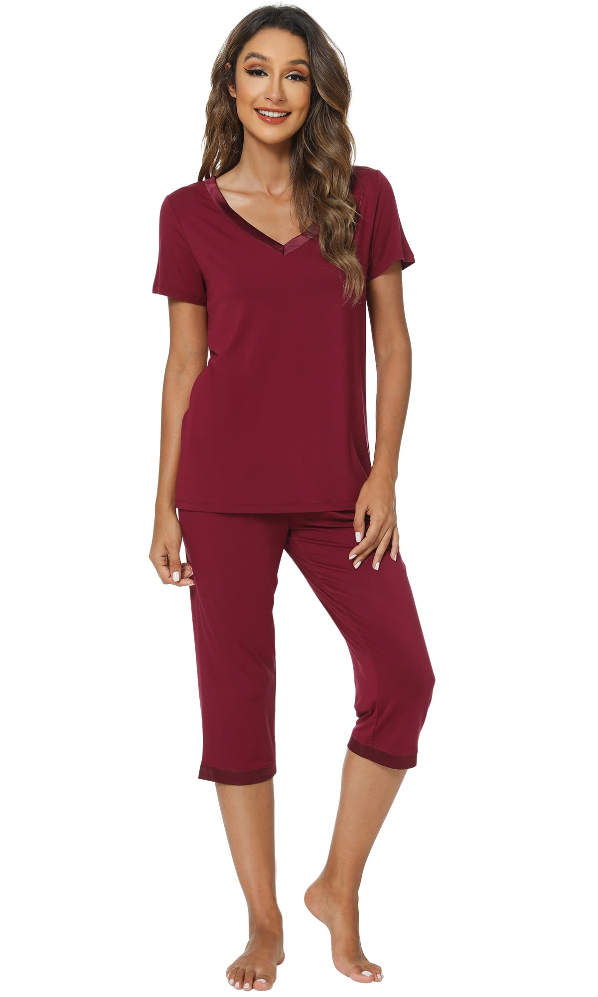 Photo 1 of WiWi Womens Pajama Sets Soft Capri Pants Pajamas Sleepwear Plus Size Pjs Set Loungewear-Viscose from Bamboo S-3X, Wine, Large