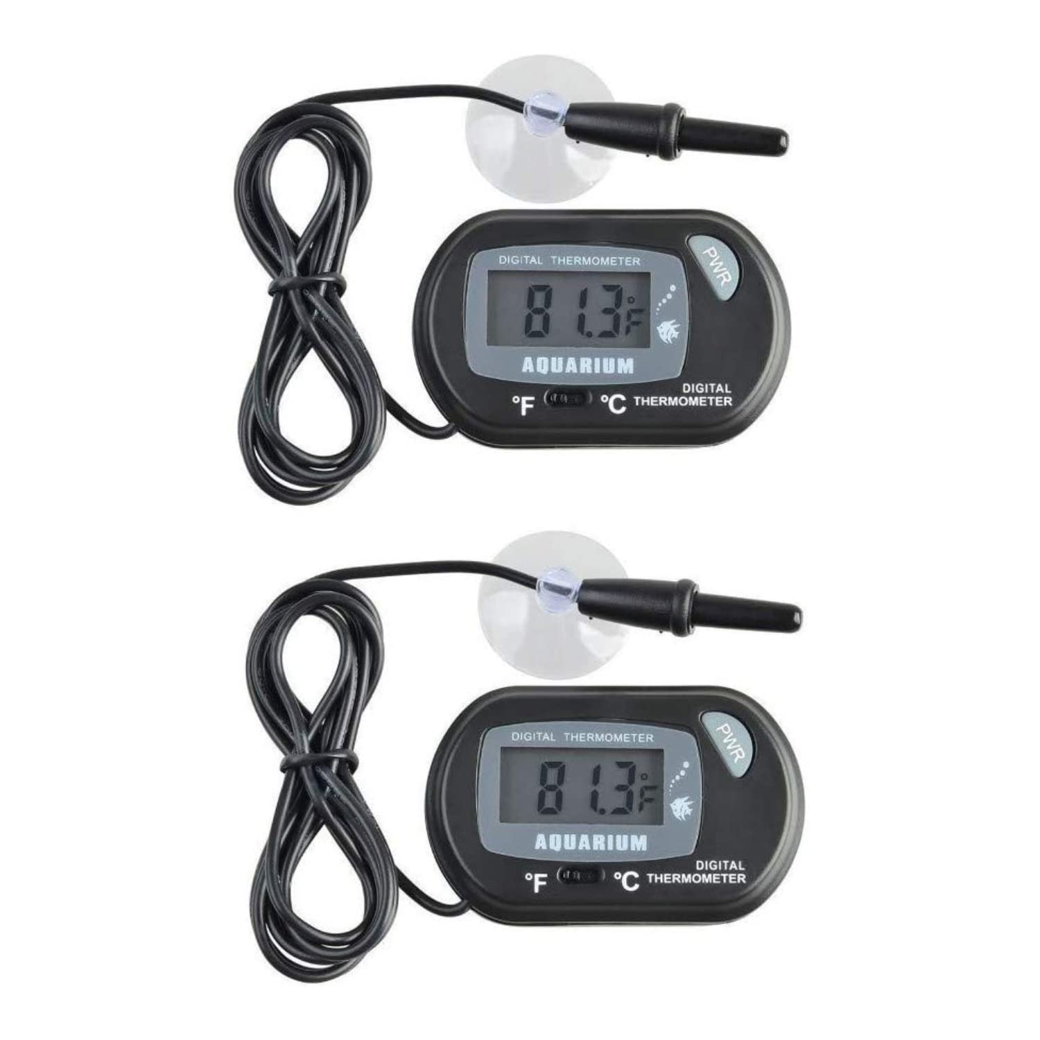 JZK 2 x Small digital aquarium thermometer with suction cups & probe & battery, water temperature gauge meter for marine fish tank, incubator, reptile tank