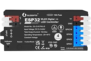 SOGLEDWOW ESP32 WLED LED Strip Controller 4 Channel Outputs 15A Fuse Link TI Level Shifter UART Download DIY Dynamic Lighting Mode APP Control for Digital RGB IC WS2811 WS2812 WS2815 SK6812 etc