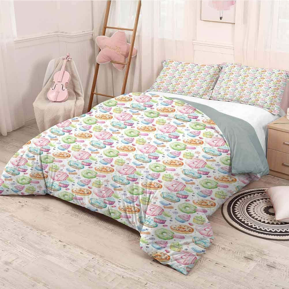 Ford Mackintosh Colorful Extra Large Quilt Cover Watercolor Style Sweets with Glazed Doughnut Macarons and Cupcakes with Frosting Can be Used as a Quilt Cover-Lightweight (King) Multicolor