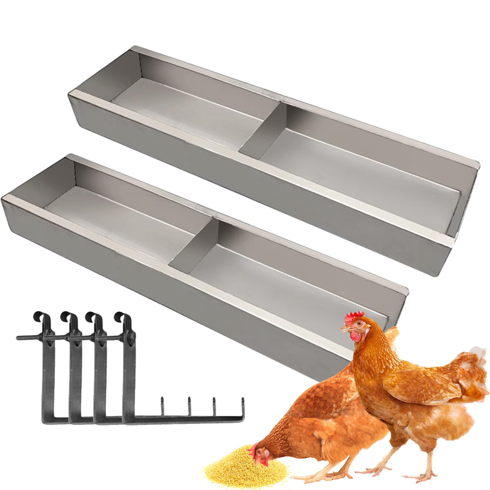 Photo 1 of 2 Pack Multifunctional Chicken Feeder, Hanging Chicken Feed Trough, Stainless Steel Trough, Chicken Feeder and Waterer Set, for Poultry Livestock. (50 * 11 * 7cm)