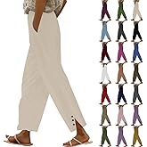 Rjognt Cropped Linen Pants Women 2026 Summer Loose Fit Casual Gauze Pant Elastic Waist Capri Beach Trouser with Pockets
