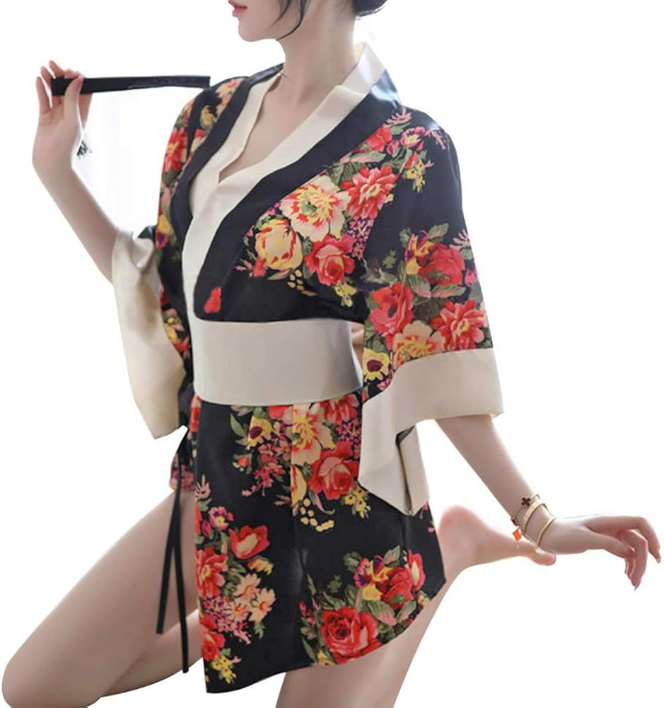 Women&rsquo;s Sexy Kimono Lingerie Pink Blossom Pattern Mini Kimono Dress