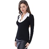 AmélieBoutik Women Office Lady Faux Shirt 2 in 1 Style Long Sleeve Pullover Blouse Button Up Top
