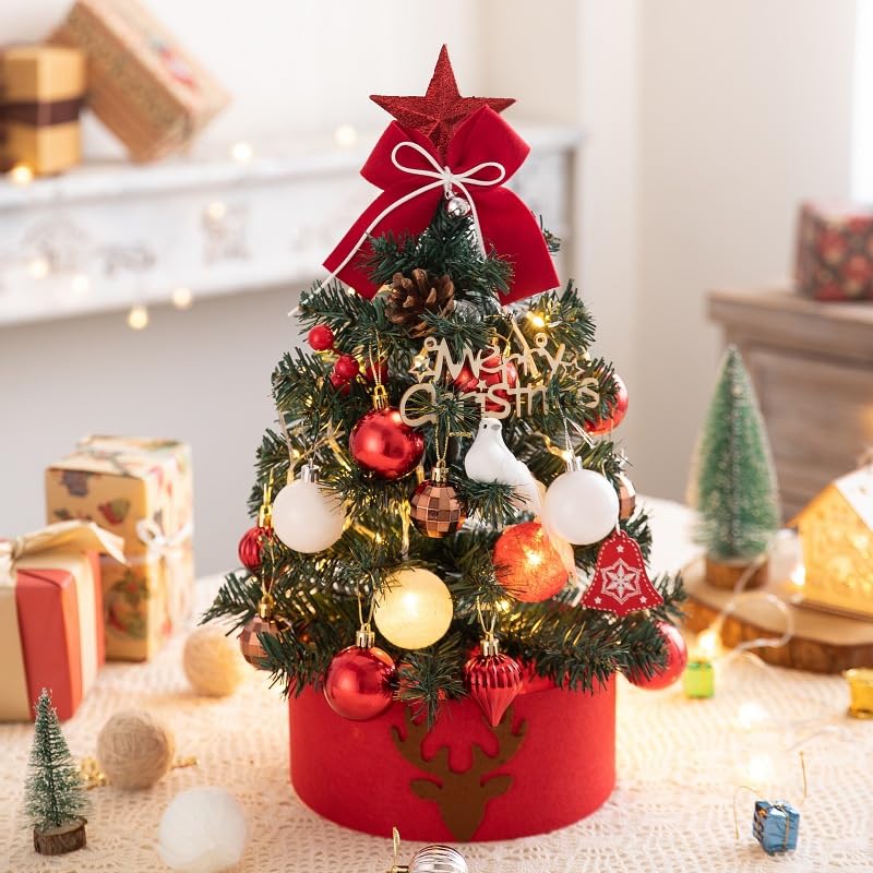 FOGAWA Small Christmas Tree with Lights 45CM Artificial Mini Christmas Tree Tabletop Christmas Trees Small Xmas Tree with Star Tree Topper Balls Pine Cones for Christmas Desktop Decorations