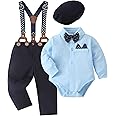 YALLET Baby Boy Clothes Set Infant Tuxedo Long Sleeve Gentleman Suit Outfits + Beret Hat + Suspender Pants + Bowtie 0-18M