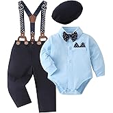 YALLET Baby Boy Clothes Set Infant Tuxedo Long Sleeve Gentleman Suit Outfits + Beret Hat + Suspender Pants + Bowtie 0-18M