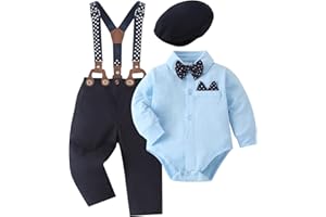 YALLET Baby Boy Clothes Set Infant Tuxedo Long Sleeve Gentleman Suit Outfits + Beret Hat + Suspender Pants + Bowtie 0-18M