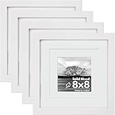 Egofine 8x8 Picture Frames 4 PCS,Solid Wood frame Fits 4x4/6x6 with Mat or 8x8 Without Photo Frame Covered by Plexiglass,for Wall Hanging and Tabletop,Wooden Square Picture Frame,White