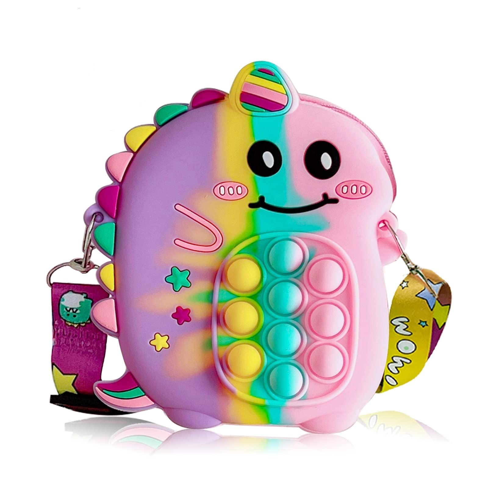 ARIEL-GXR Pop It Fidget Bag, Dinosaur Pop Purse Silicone Push Bubble for Boys and Girls, Fashion Sensory Toy Handbag With Adjustable Shoulder Straps (PinkPurple)