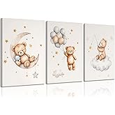 3 Pcs Framed Teddy Bear Nursery Canvas Wall Art Bear Sleeping on The Moon and Stars Wall Decor Pictures Balloon Cloud Neutral Poster Prints for Kids Baby Room Kindergarten Home Decoration 12x16in