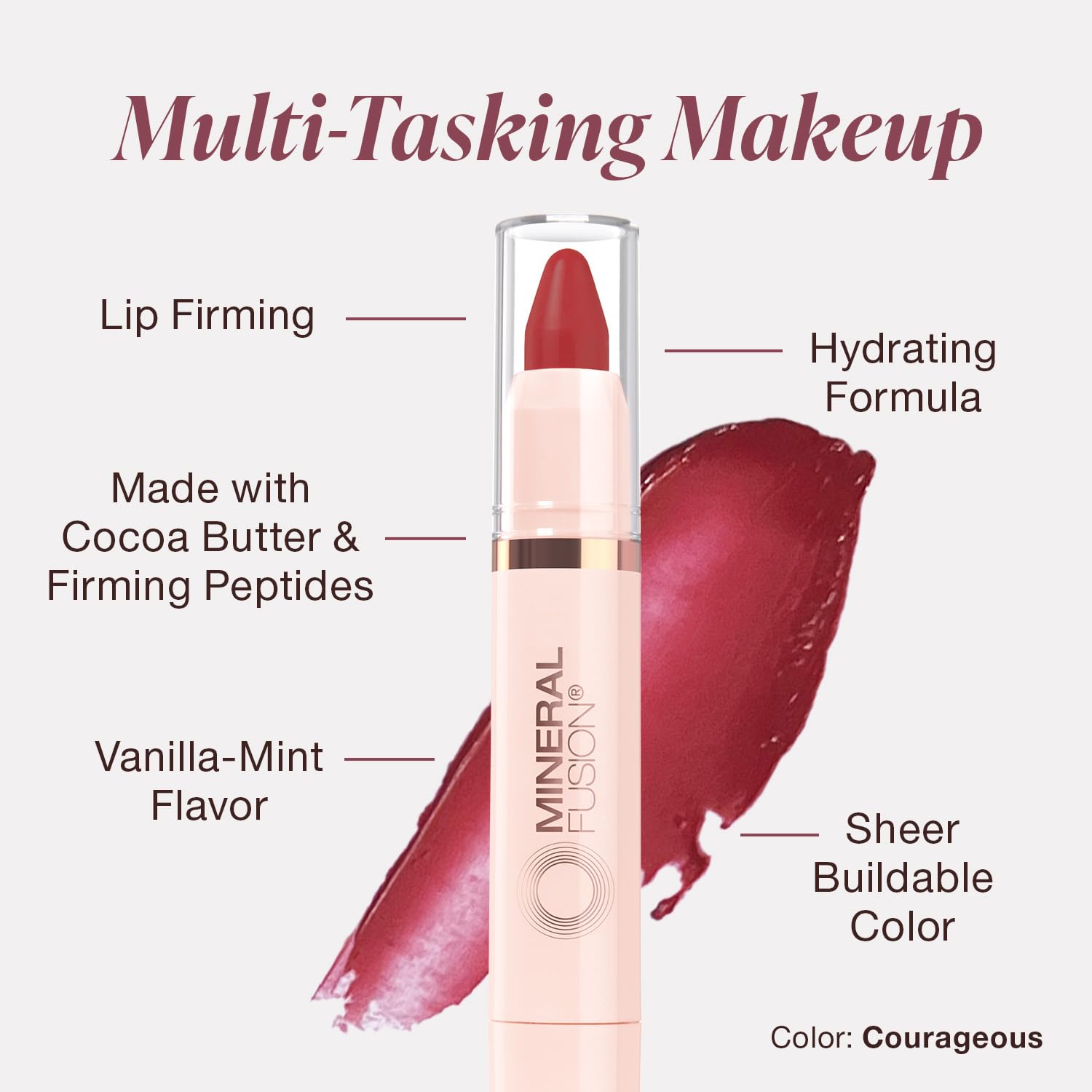 Mineral Fusion NEW Sheer Moisture Lip Tint, Buildable Lip Color, Hydrating Lip Balm with Jojoba Oil, Shea Butter & More, Hydrates & Nourishes, FD&C Dye-Free & Hypoallergenic, Courageous, Cherry-Red