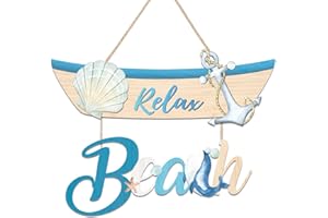 CHDITB Beach Theme Wooden Sign, Nautical Shell Anchor Summer Wooden Hanging Plaque, Relax Beach Front Door Sign Decor, Coasta