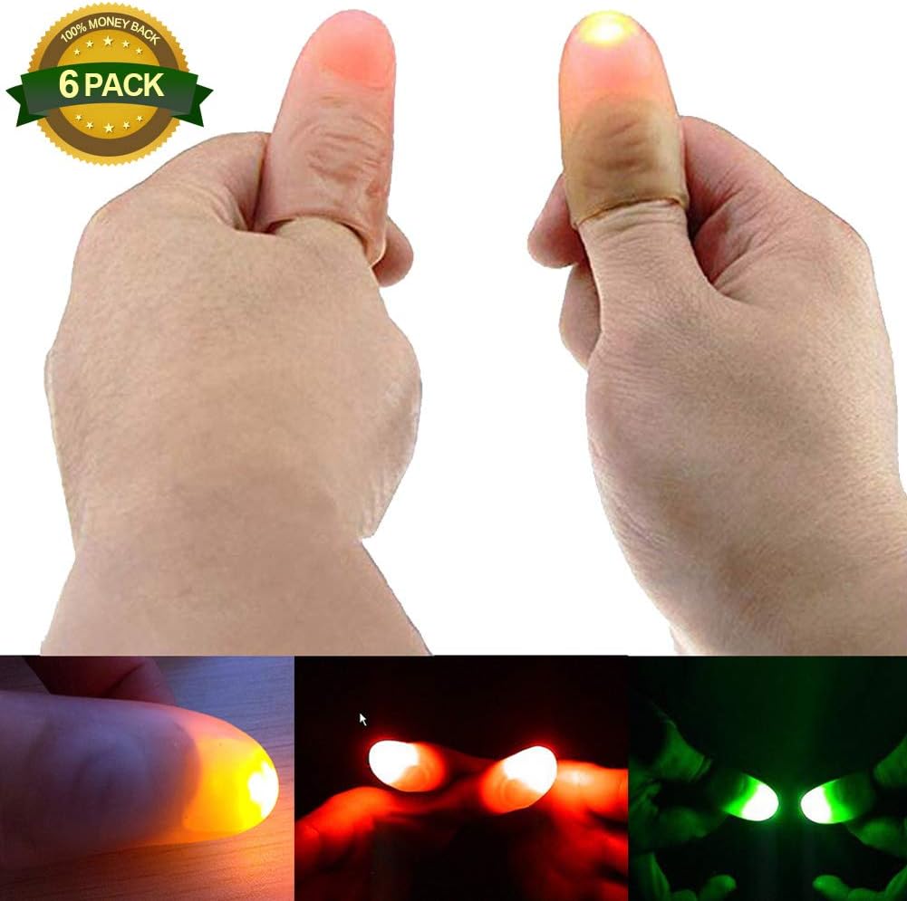 Chelseabyt 6 Packs(12 PCS) Magic Super Bright LED Light Up Thumbs Fingers Trick Props Supplies Amazing Flashing Fingers Fantastic Glow Toys Children Luminous Gifts（Red+Green+Colorful）