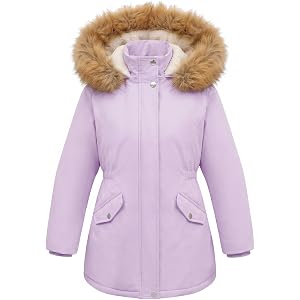 Uikue Girls Winter Coat Faux Fur Hooded Zip-Up Sherpa Fleece Lined Kids Warm Puffer Jacket Windpfroof Overcoat