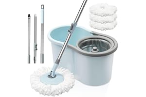 COOFEL Spin Mop and Bucket with Wringer Set, 360° Spinning Mop Bucket System with 3 Microfiber Mop Replacement Heads and 50" Stainless Steel Adjustable Handle for Floor Cleaning (15QT)