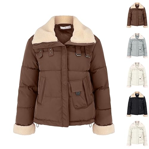Women'S Coffee Puffer Down Jacket Zip Up Fleece Turndown Collar Winter Cropped Warm Quilted Padded Oversized Coat Short Jacket Long Sleeve Outerwear Windbreaker Overcoats With Pockets M