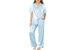 Arshiner Girls Pajamas Silk Satin Button Down Pjs 2 Piece Short Sleeve Sleepwear Set