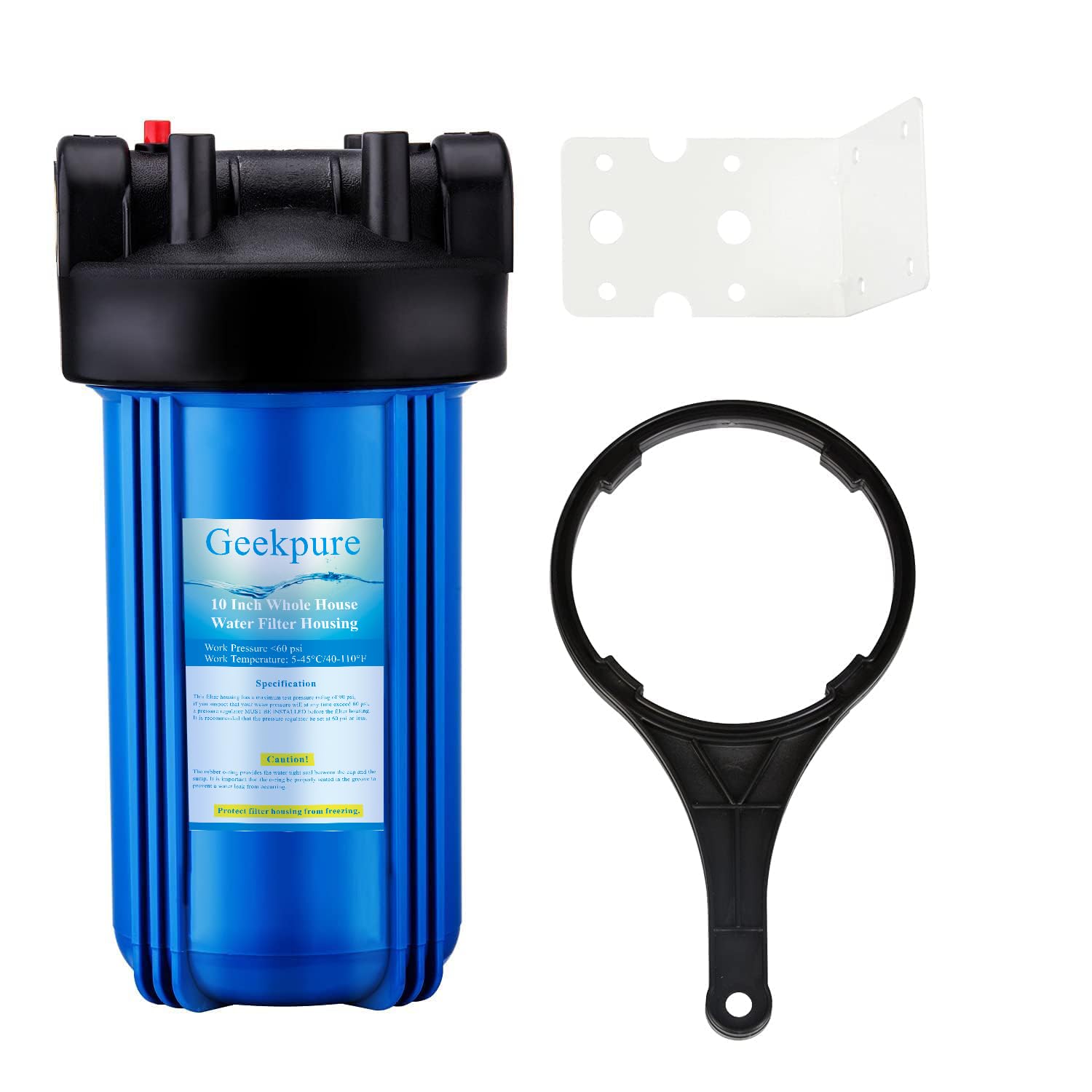 Photo 1 of Geekpure 10-Inch Whole House Water Filter Housing with Wrench and Bracket-4.5 x 10 Inch-3/4-Inch Port