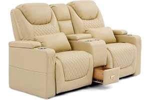 AZXZCS Home Theater Seating, Loveseat Recliner Sofa PU Leather with Central Console and 2 Pillows, Wall Hugger Recliners & 135° Reclining Theater Seats (Row of 2,Beige)