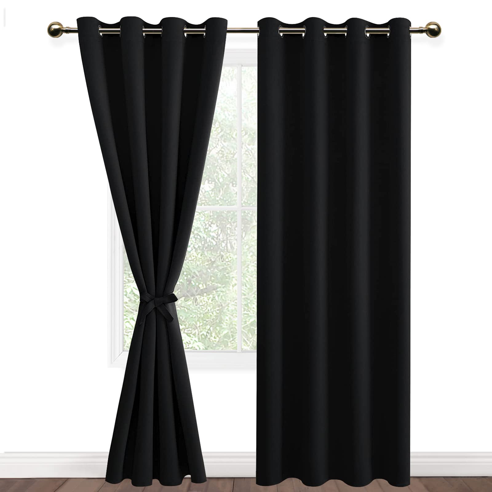 DWCN Black Blackout Curtains with Tiebacks for Bedroom Thermal Insulated Solid Eyelet Curtains for Living Room,2 Panels,52" Wide x 84" Drop