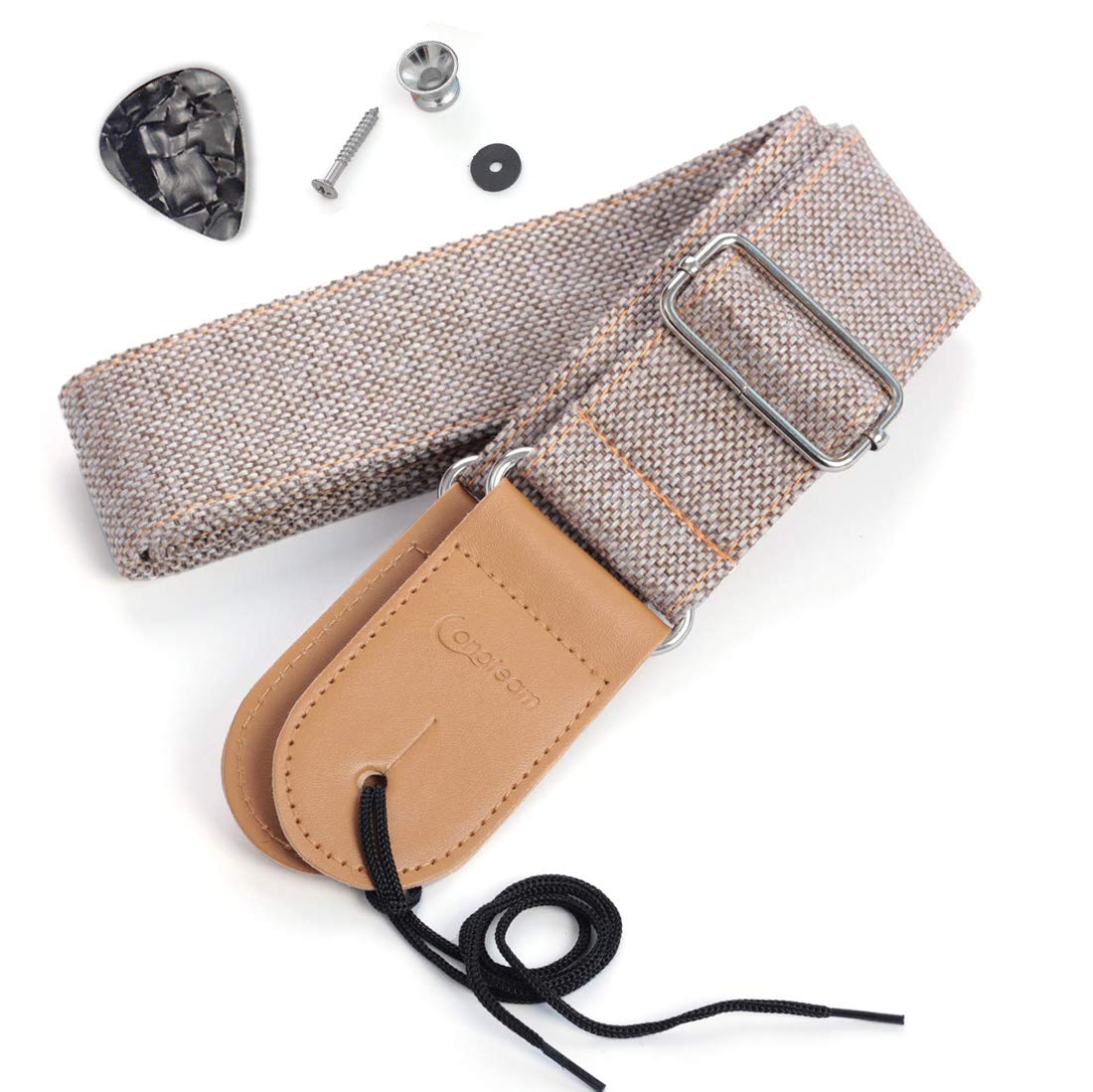 Longteam Simple Linen Leather Guitar Strap Adjustable Length Durable Electric Guitar Bass Straps with Nail, Rope, Picks (Brown)