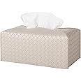 Tissue Box Cover PU Leather Tissue Holder Square Facial Tissue Case Facial Paper Organizer Dispenser for Bathroom, Vanity Countertop, Tabletop, Car, Rectangle, Griege