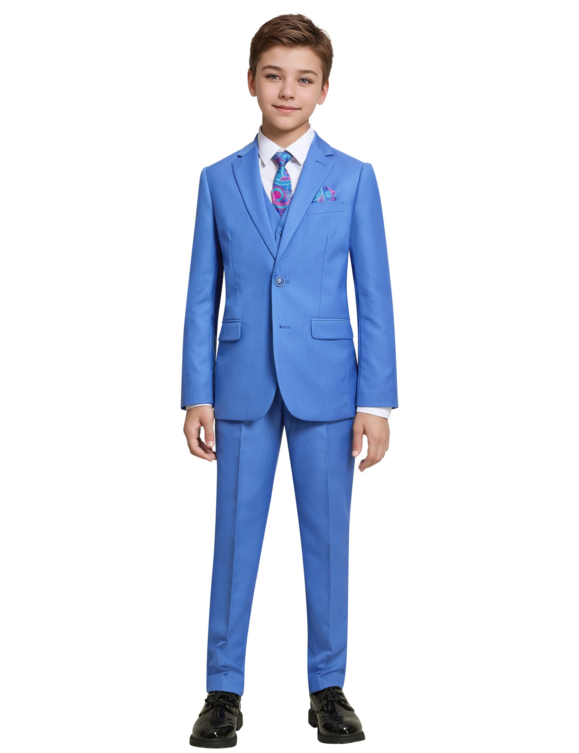 Happy Dolphin Boys Suits Dusty Blue Slim Fit Size 2 Formal Suits for Kids Toddler Tuxedos Dresswear Ring Bearer Outfit Boys' Wedding Suits Set Dress Clothes Teen Youth 5-Piece Adjustable Waist Image