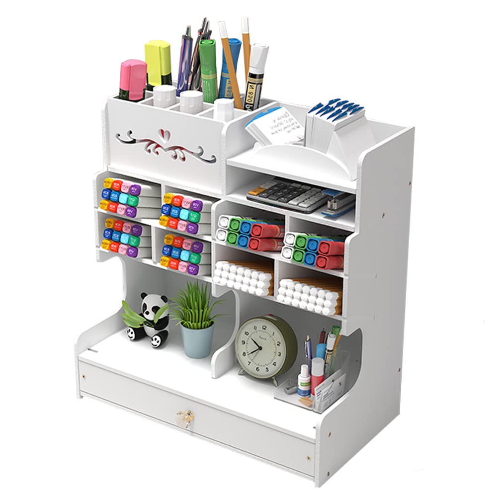 Hggzeg White Desk Organiser with Drawer, DIY Pencil Holder Desk Tidy Caddy Office Stationery Desktop Organizer for Home, Office and School(PB18-1 White)