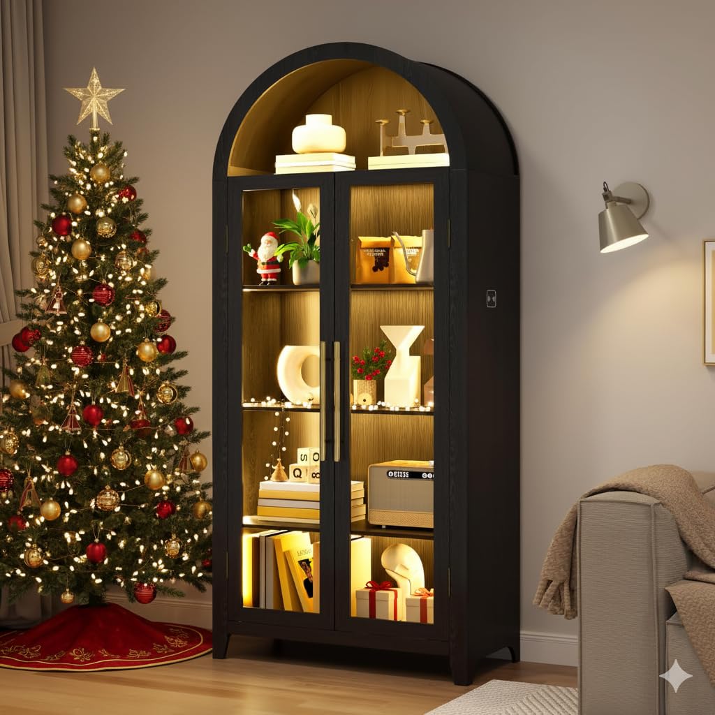 Photo 1 of *PARTS ONLY**TRUNBACK 71" Arched Storage Cabinet with Glass Doors, Adjustable Shelves & Color-Changing Lights, Tall Freestanding Farmhouse Display Pantry Cabinet for Living Room, Kitchen, Classic Black