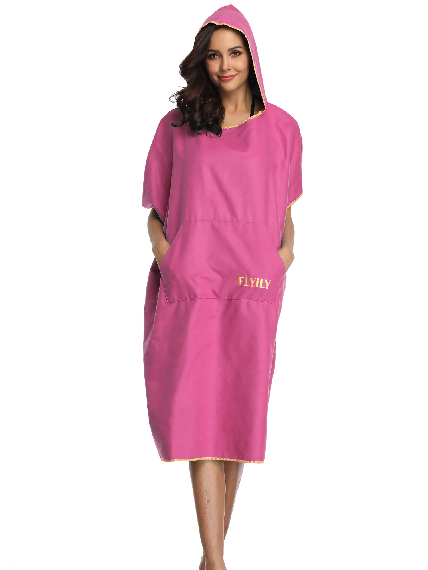 FLYILY Microfibre Surf Poncho Towel with Hood Bath Robe for swimming and beach changing One Size Fit All adults(RoseRed,L) — image 1