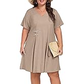NHAMME Women's Plus Size T-Shirt Dress V Neck Loose A-Line Button Up Casual Dresses with Pockets