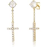 JINAO Cross Hoop Dangle Earrings 14K Gold Plated 5A+ Cubic Zirconia Cartilage Hypoallergenic Sterling Silver Cross Dangle Drop Earrings For Men Women