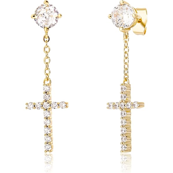 Men's Gold Plated Small Cross Earrings - Sterling Silver With Iced CZ Fashion Studs