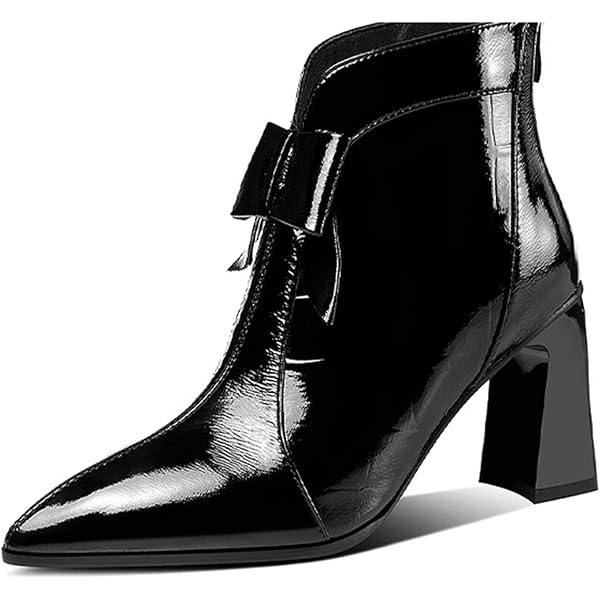 TinaCus Women's Handmade Leather Chunky Heel Boots - Side Zip, Rhinestone Decor, Glossy Cap-Toe, Mid-Calf Height
