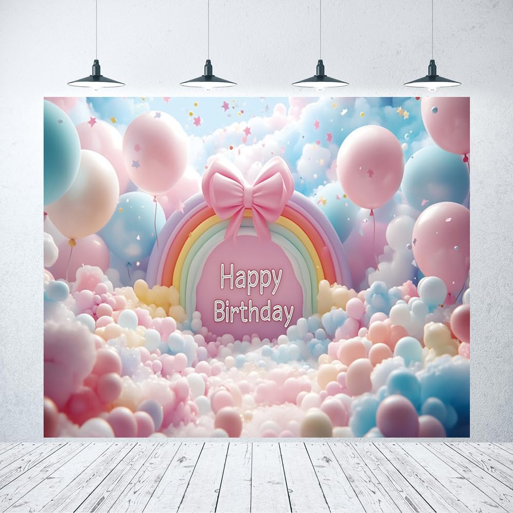 Photo 1 of 10x8ft Happy Birthday Backdrop Colorful Rainbow Pastel Clouds and Balloons Photography Background for Girls Newborn Baby Shower Party Decorations Cake Table Banner