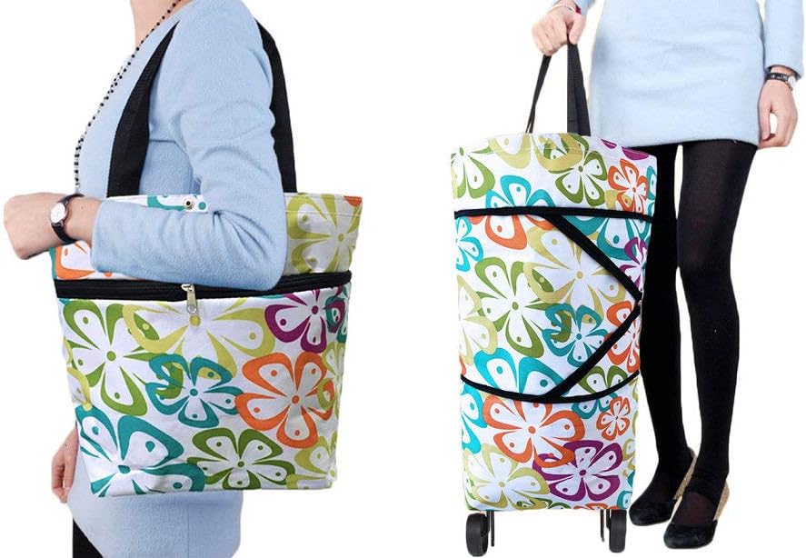 Cocobuy Shopping Bag with Wheels Foldable shopping Cart with Wheels Collapsible Trolley Bags Reusable Shopping Bags on Wheels Shopping Trolley Bag (Multicolored flower)