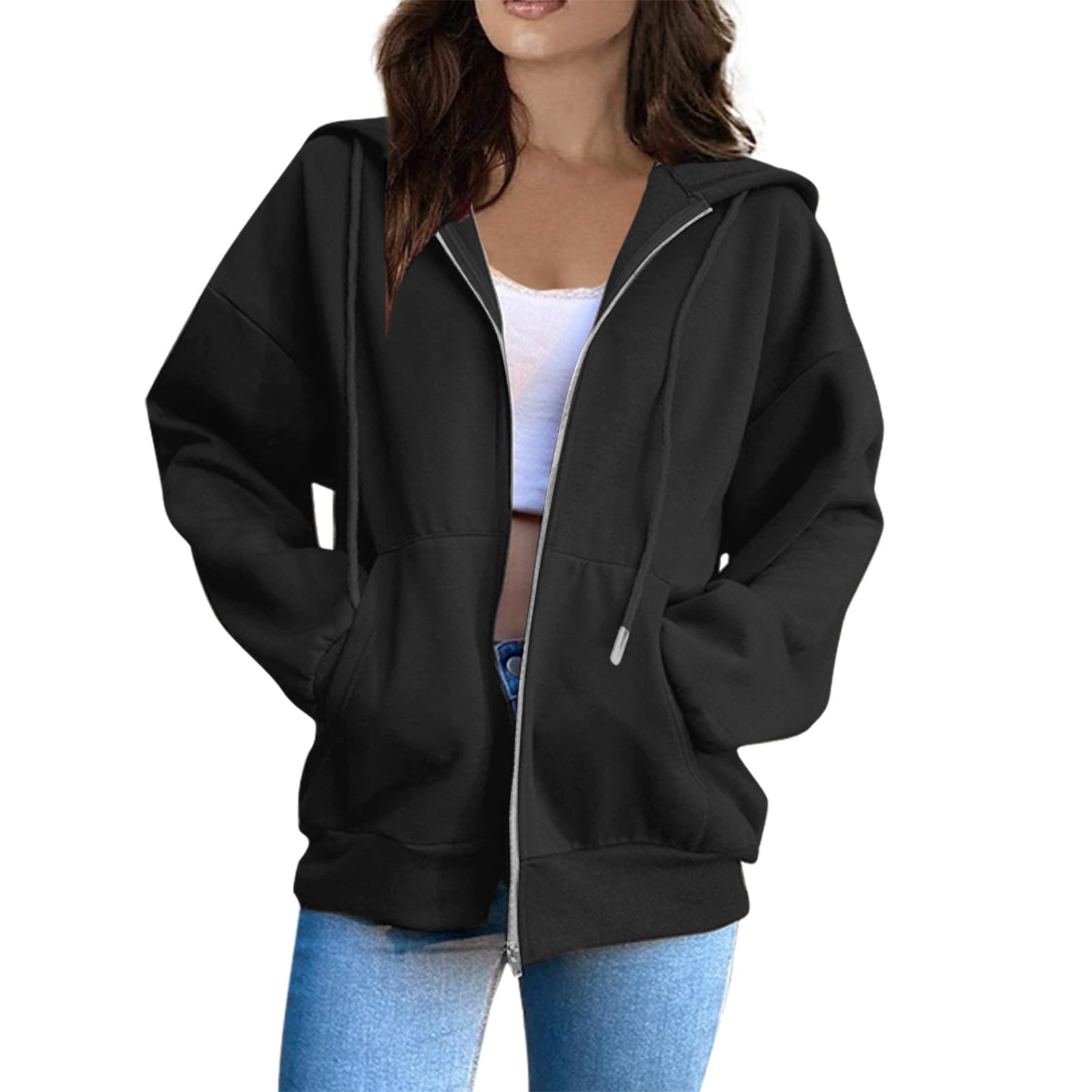 Photo 1 of AAZJSS Womens Zip Up Hoodie Long Sleeve Oversized Sweatshirts Fleece Jacket Pockets 2025 Fall Outfits Fashion Clothes Black Small