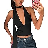 Caviotess Women's Sexy Backless Halter Scarf Tops Deep V Neck Cami Top Y2K Going Out Crop Top Concert Clubwear